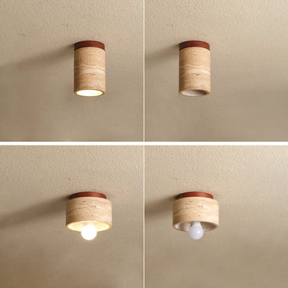 Traditional Japanese Wabi-Sabi Cylinder Yellow Travertine Solid Wood 1-Light Semi-Flush Mount Ceiling Light For Bedroom
