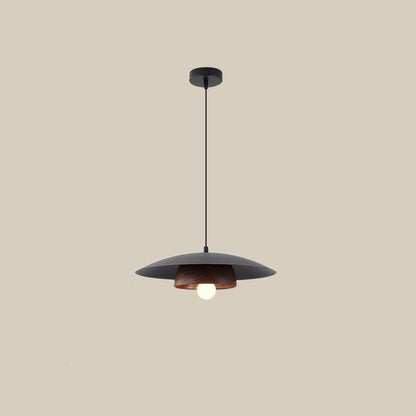 Traditional Japanese Wood Texture Round Iron 1-Light Pendant Light For Living Room
