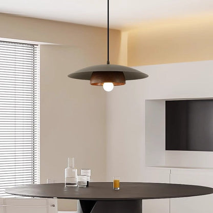 Traditional Japanese Wood Texture Round Iron 1-Light Pendant Light For Living Room