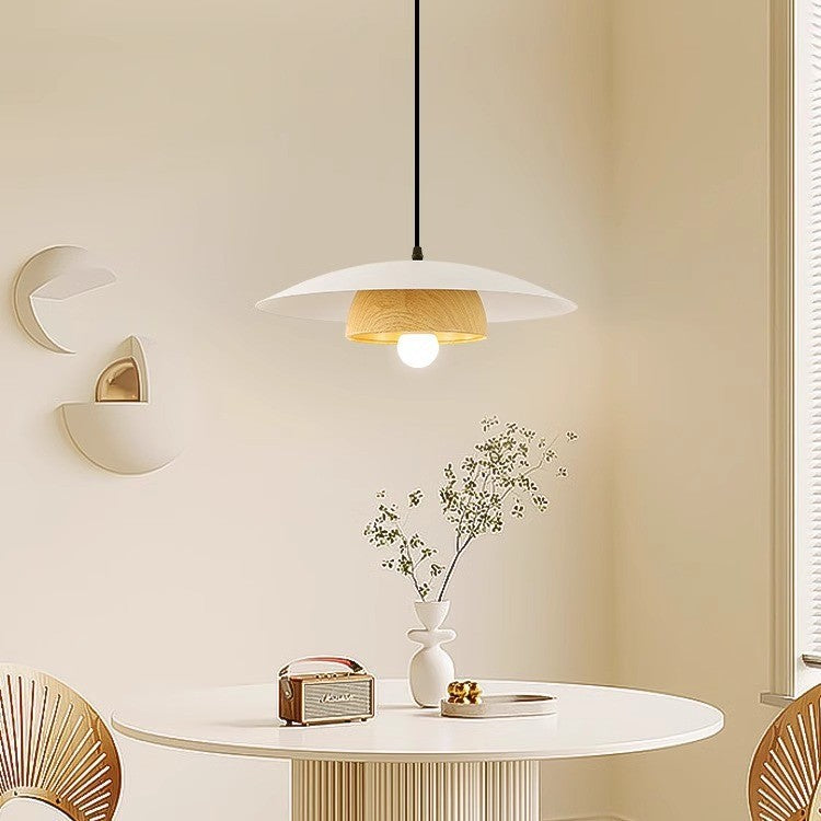 Traditional Japanese Wood Texture Round Iron 1-Light Pendant Light For Living Room