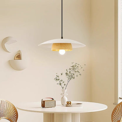 Traditional Japanese Wood Texture Round Iron 1-Light Pendant Light For Living Room