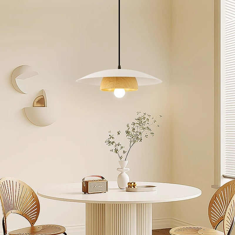 Traditional Japanese Wood Texture Round Iron 1-Light Pendant Light For Living Room