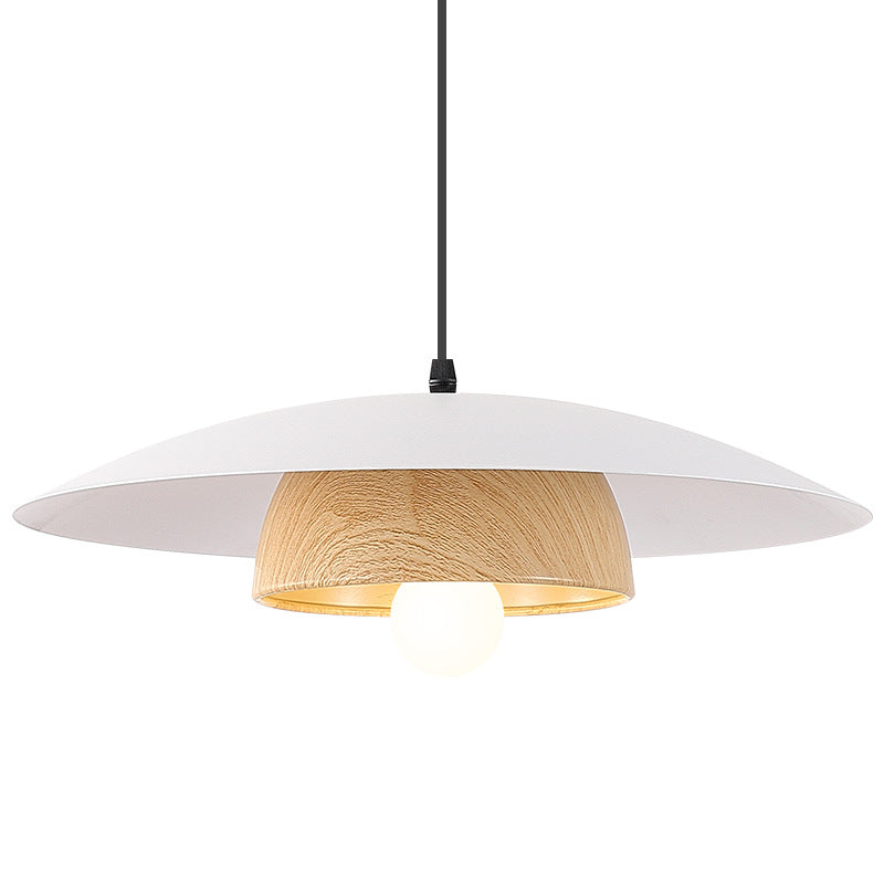 Traditional Japanese Wood Texture Round Iron 1-Light Pendant Light For Living Room