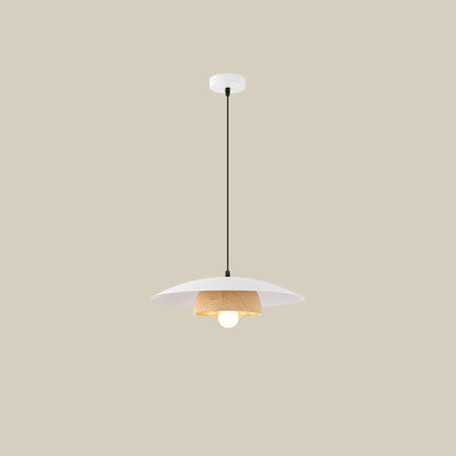 Traditional Japanese Wood Texture Round Iron 1-Light Pendant Light For Living Room