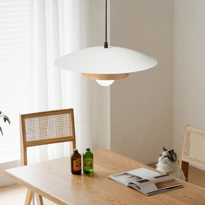 Traditional Japanese Wood Texture Round Iron 1-Light Pendant Light For Living Room