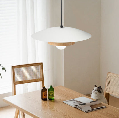 Traditional Japanese Wood Texture Round Iron 1-Light Pendant Light For Living Room