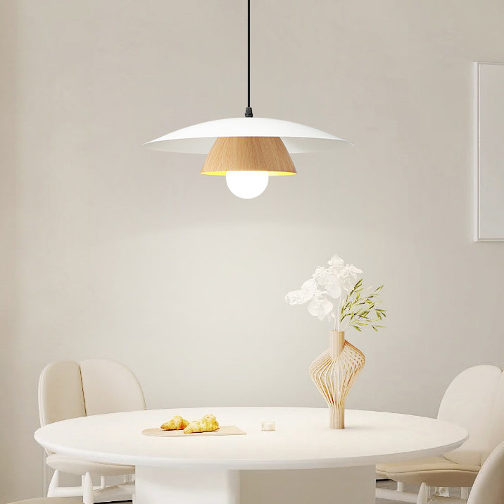 Traditional Japanese Wood Texture Round Iron 1-Light Pendant Light For Living Room
