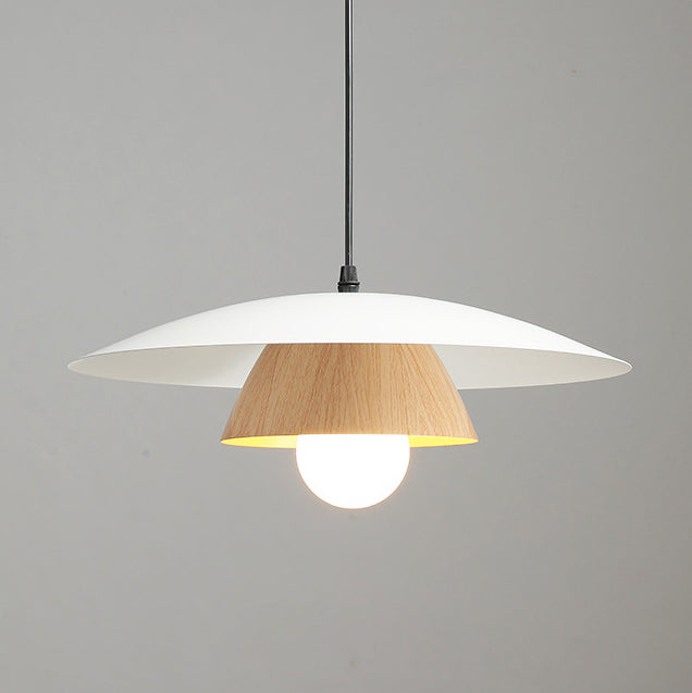 Traditional Japanese Wood Texture Round Iron 1-Light Pendant Light For Living Room