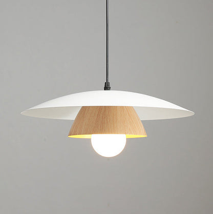 Traditional Japanese Wood Texture Round Iron 1-Light Pendant Light For Living Room