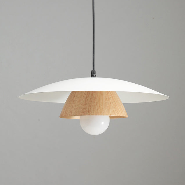Traditional Japanese Wood Texture Round Iron 1-Light Pendant Light For Living Room