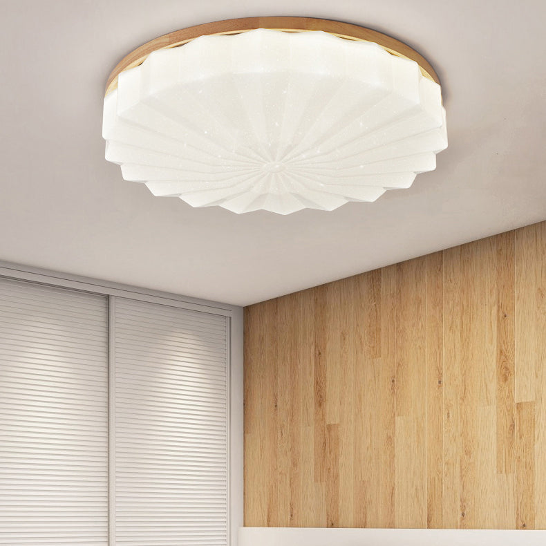 Contemporary Scandinavian Round Stacking Design Solid Wood Acrylic LED Flush Mount Ceiling Light For Bedroom