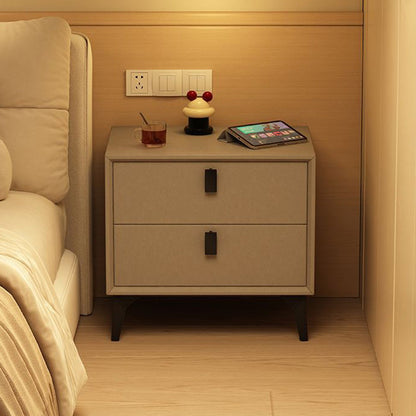 Contemporary Scandinavian Rectangular PU Leather Solid Wood Nightstand 2-Drawer For Bedroom