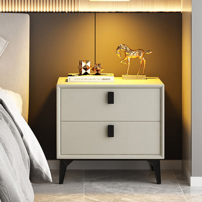 Contemporary Scandinavian Rectangular PU Leather Solid Wood Nightstand 2-Drawer For Bedroom