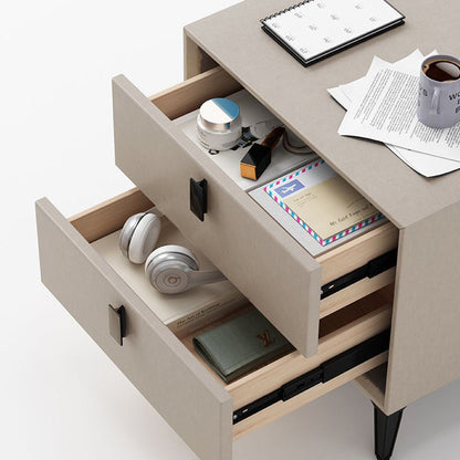 Contemporary Scandinavian Rectangular PU Leather Solid Wood Nightstand 2-Drawer For Bedroom