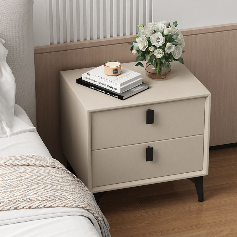 Contemporary Scandinavian Rectangular PU Leather Solid Wood Nightstand 2-Drawer For Bedroom