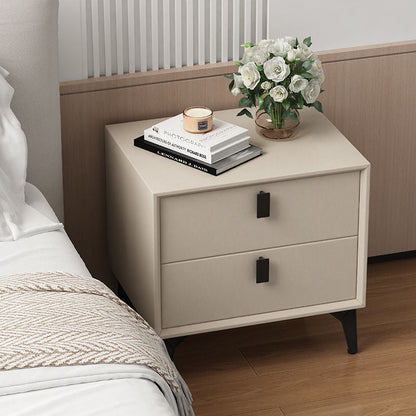 Contemporary Scandinavian Rectangular PU Leather Solid Wood Nightstand 2-Drawer For Bedroom