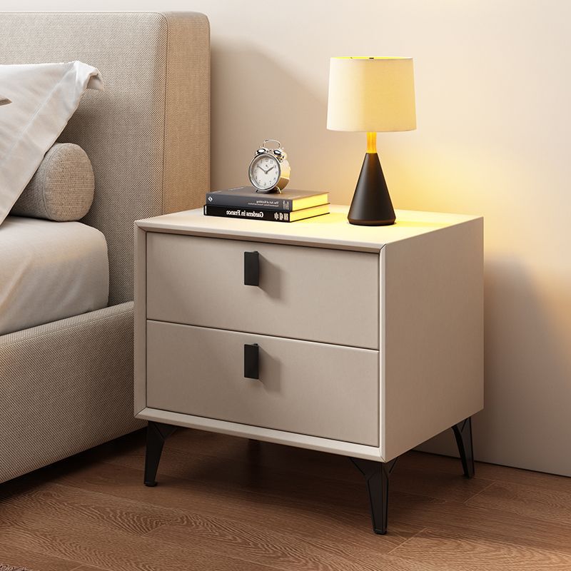 Contemporary Scandinavian Rectangular PU Leather Solid Wood Nightstand 2-Drawer For Bedroom