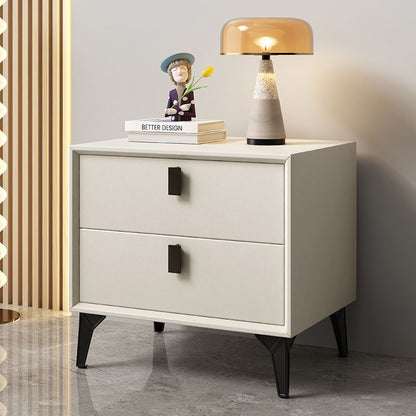 Contemporary Scandinavian Rectangular PU Leather Solid Wood Nightstand 2-Drawer For Bedroom