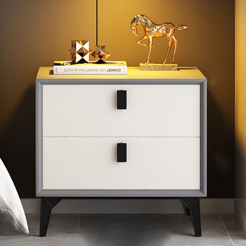 Contemporary Scandinavian Rectangular PU Leather Solid Wood Nightstand 2-Drawer For Bedroom