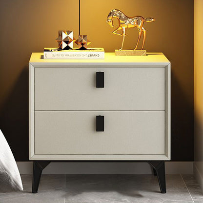 Contemporary Scandinavian Rectangular PU Leather Solid Wood Nightstand 2-Drawer For Bedroom