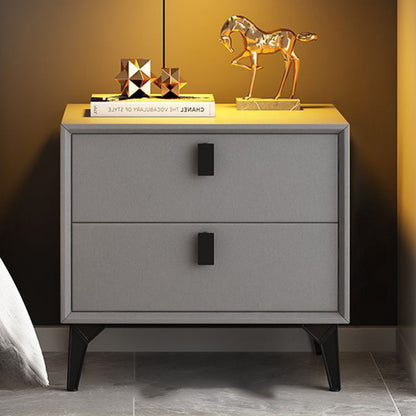 Contemporary Scandinavian Rectangular PU Leather Solid Wood Nightstand 2-Drawer For Bedroom