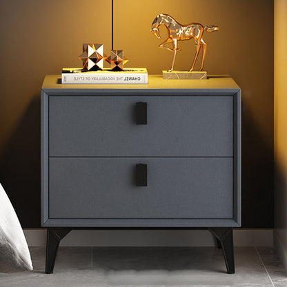 Contemporary Scandinavian Rectangular PU Leather Solid Wood Nightstand 2-Drawer For Bedroom