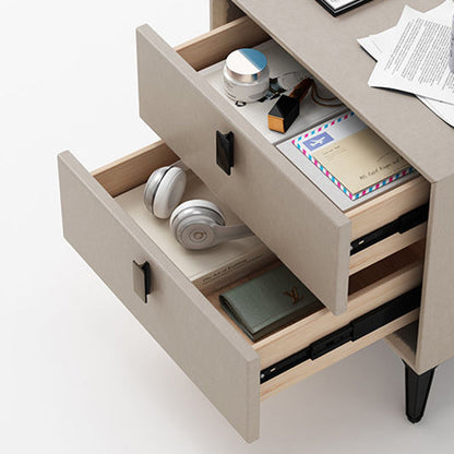 Contemporary Scandinavian Rectangular PU Leather Solid Wood Nightstand 2-Drawer For Bedroom