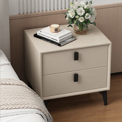 Contemporary Scandinavian Rectangular PU Leather Solid Wood Nightstand 2-Drawer For Bedroom