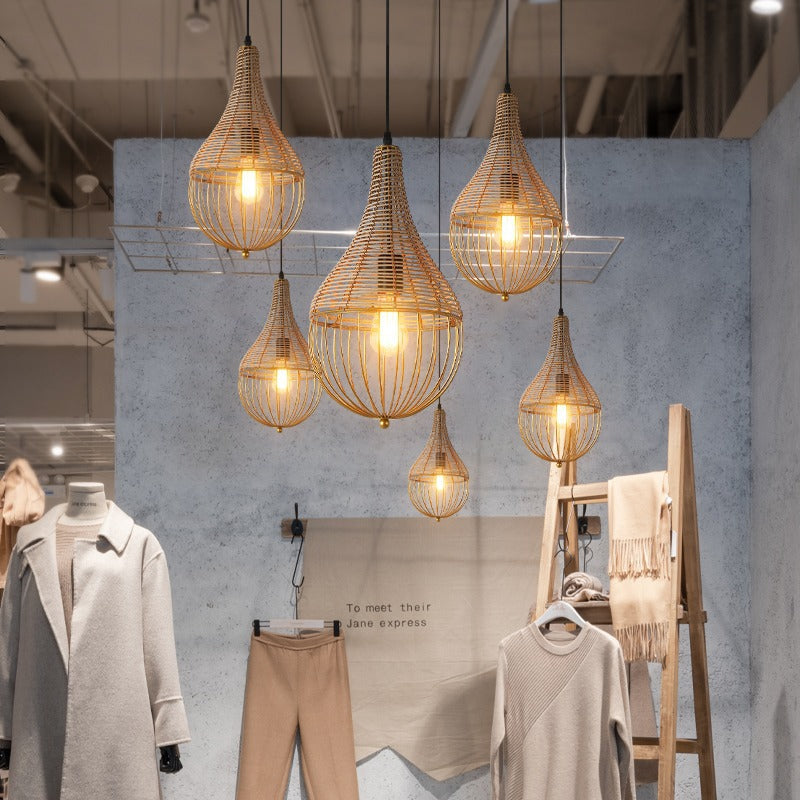 Modern Minimalist Metal Rattan Droplet Shape 1-Light Pendant Light For Dining Room