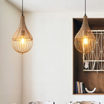 Modern Minimalist Metal Rattan Droplet Shape 1-Light Pendant Light For Dining Room