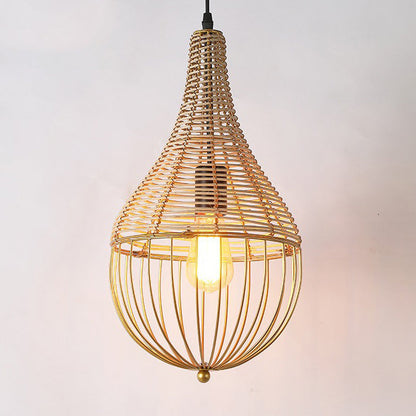 Modern Minimalist Metal Rattan Droplet Shape 1-Light Pendant Light For Dining Room