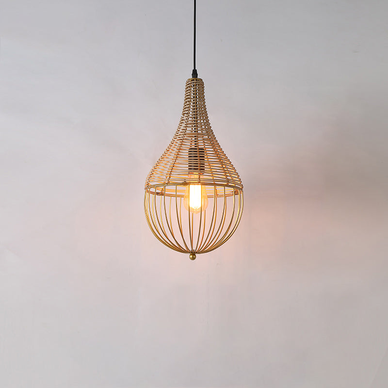 Modern Minimalist Metal Rattan Droplet Shape 1-Light Pendant Light For Dining Room
