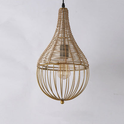 Modern Minimalist Metal Rattan Droplet Shape 1-Light Pendant Light For Dining Room