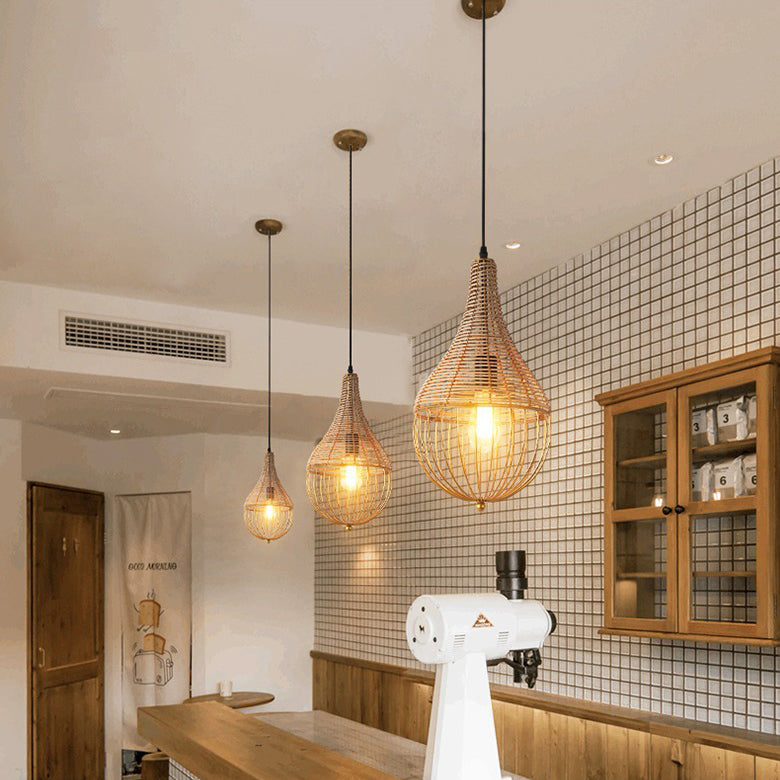 Modern Minimalist Metal Rattan Droplet Shape 1-Light Pendant Light For Dining Room