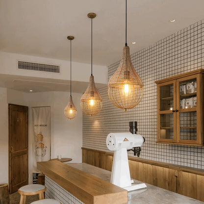 Modern Minimalist Metal Rattan Droplet Shape 1-Light Pendant Light For Dining Room