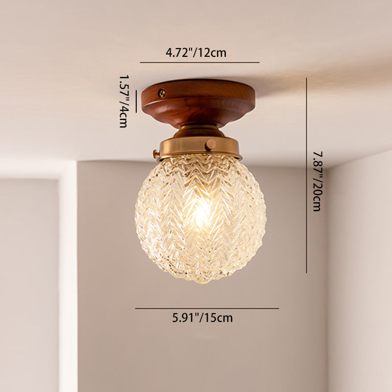 Traditional Vintage Orbicular Ash Wood Glass Metal 1-Light Semi-Flush Mount Ceiling Light For Entryway