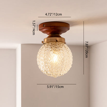 Traditional Vintage Orbicular Ash Wood Glass Metal 1-Light Semi-Flush Mount Ceiling Light For Entryway