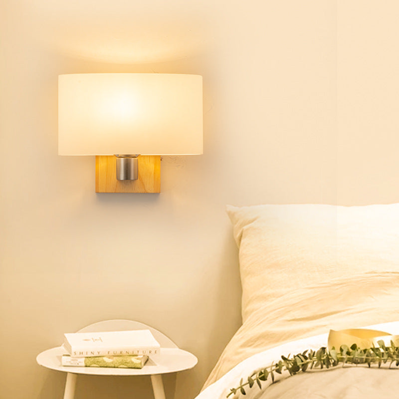 Contemporary Nordic Rectangular Wood Glass 1-Light Wall Sconce Lamp For Bedroom