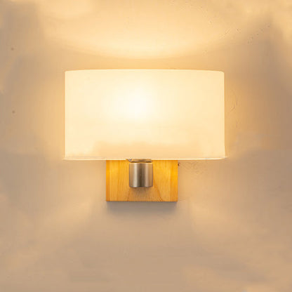 Contemporary Nordic Rectangular Wood Glass 1-Light Wall Sconce Lamp For Bedroom