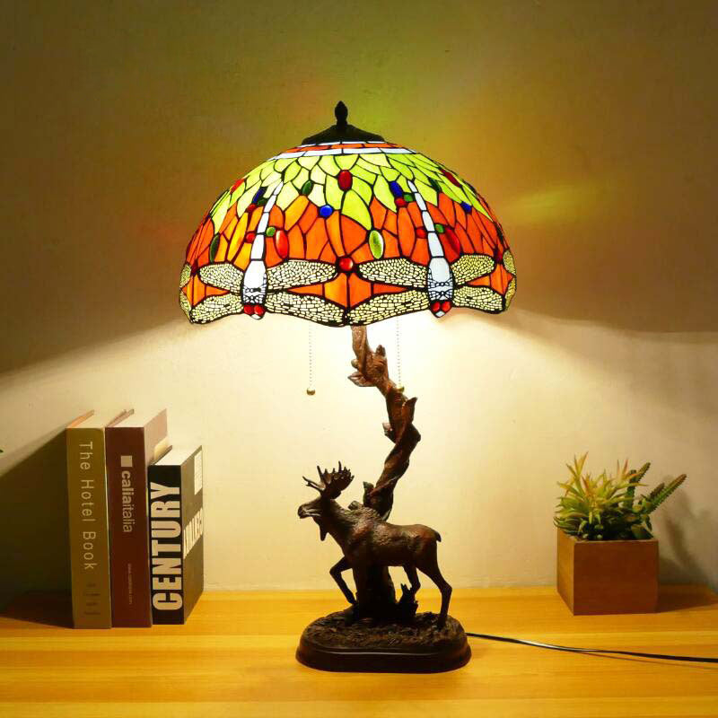 Traditional Tiffany Deer Resin Glass 1-Light Table Lamp For Study