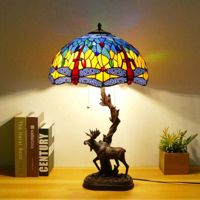 Traditional Tiffany Deer Resin Glass 1-Light Table Lamp For Study