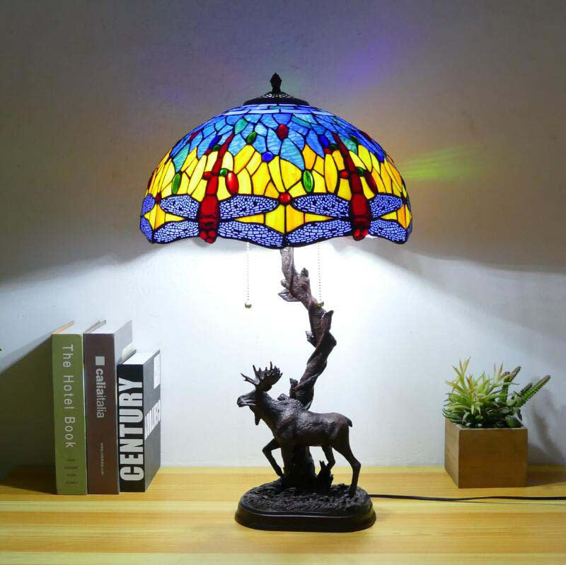 Traditional Tiffany Deer Resin Glass 1-Light Table Lamp For Study