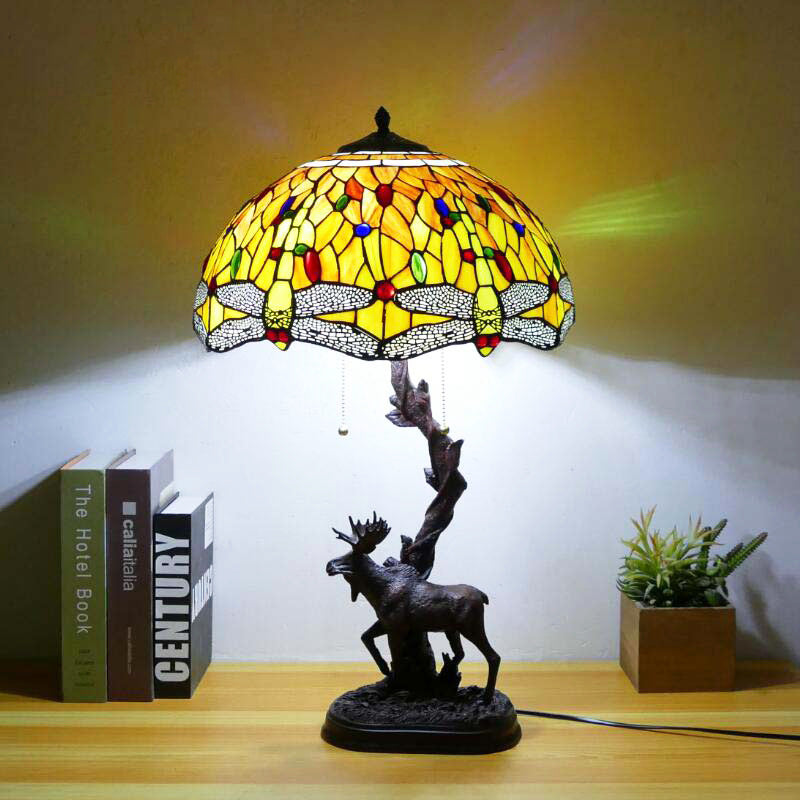 Traditional Tiffany Deer Resin Glass 1-Light Table Lamp For Study