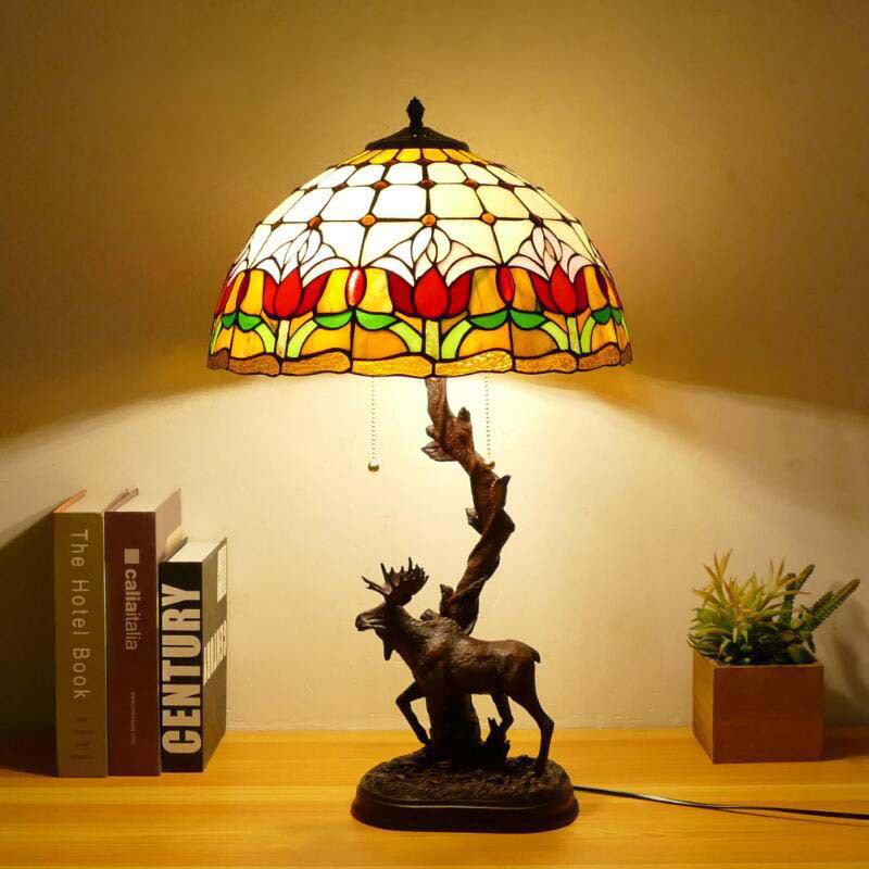 Traditional Tiffany Deer Resin Glass 1-Light Table Lamp For Study