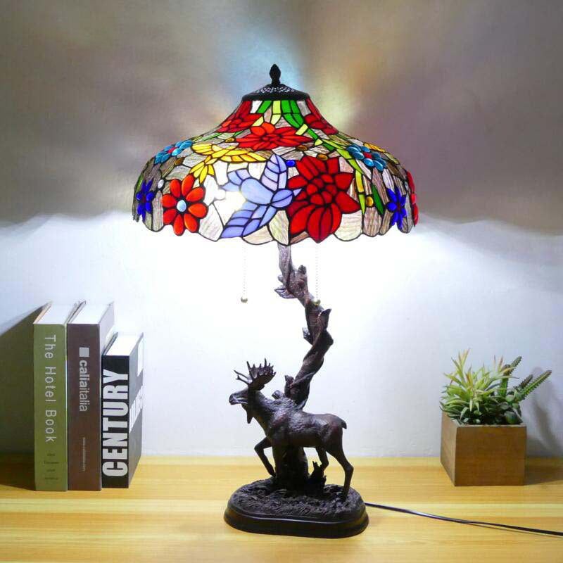 Traditional Tiffany Deer Resin Glass 1-Light Table Lamp For Study