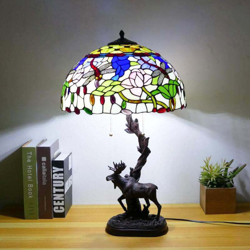 Traditional Tiffany Deer Resin Glass 1-Light Table Lamp For Study