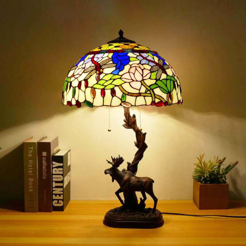 Traditional Tiffany Deer Resin Glass 1-Light Table Lamp For Study