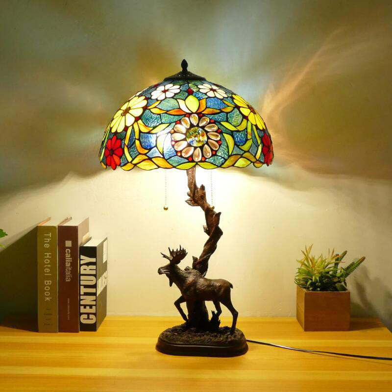 Traditional Tiffany Deer Resin Glass 1-Light Table Lamp For Study