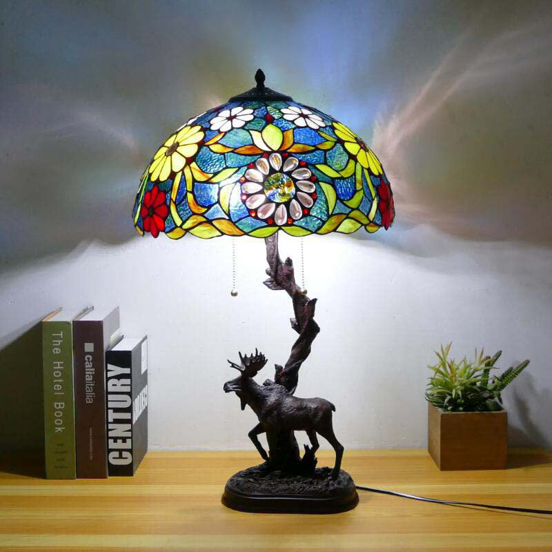 Traditional Tiffany Deer Resin Glass 1-Light Table Lamp For Study