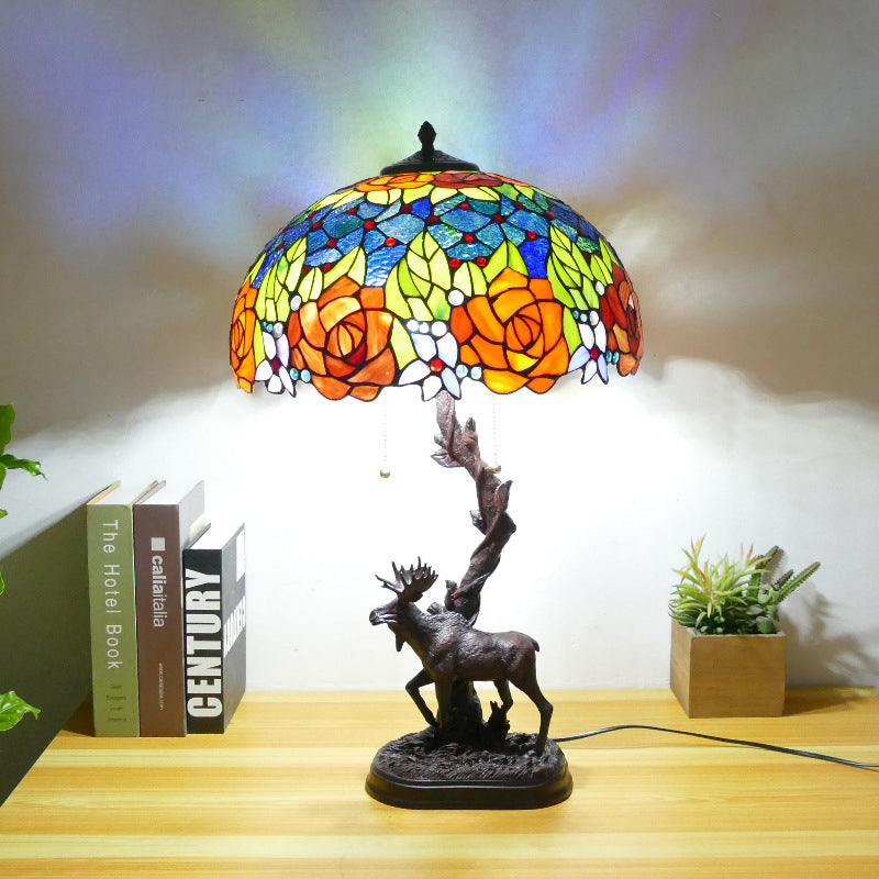 Traditional Tiffany Deer Resin Glass 1-Light Table Lamp For Study